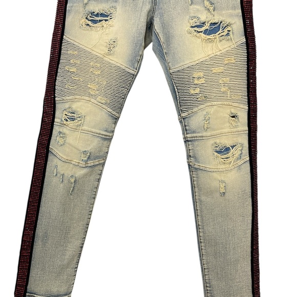 PREME Eldredge Rhinestone Stripe Denim 36x33 Light Wash Distressed Moto Jeans - Picture 7 of 16